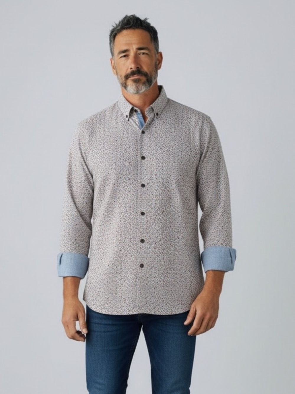 Hammer Made Men's Light Gray Patterned Button-Up Shirt